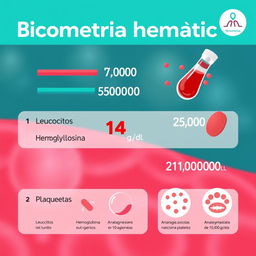 An educational infographic displaying blood test results for 'Biometría hemática'