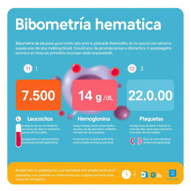 An educational infographic displaying blood test results for 'Biometría hemática'