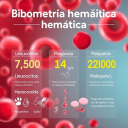 An educational infographic displaying blood test results for 'Biometría hemática'