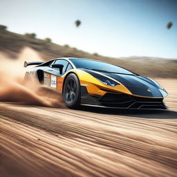 A high-quality digital rendering of a Lamborghini participating in a rally race