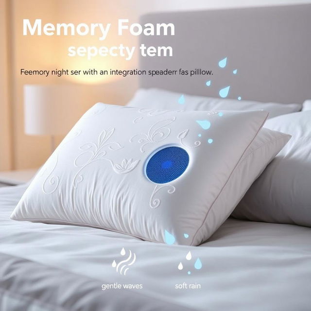 A memory foam pillow designed with an integrated speaker inside, featuring soothing sounds specifically for sleep