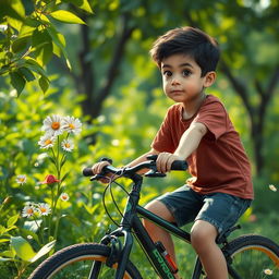 A boy riding a bicycle, seemingly trapped in a virtual world, surrounded by lush green scenery
