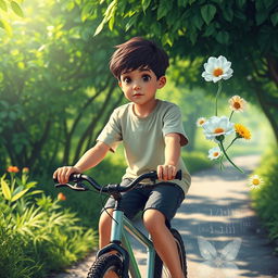 A boy riding a bicycle, seemingly trapped in a virtual world, surrounded by lush green scenery