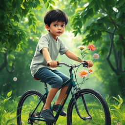 A boy riding a bicycle, seemingly trapped in a virtual world, surrounded by lush green scenery
