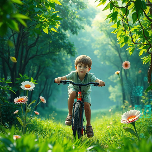 A boy riding a bicycle, seemingly trapped in a virtual world, surrounded by lush green scenery