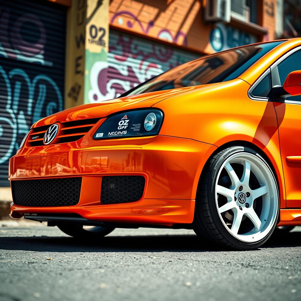 A striking orange Volkswagen car, featuring bold white OZ racing wheels, set against a vibrant urban backdrop