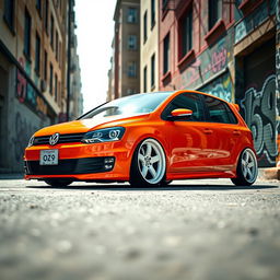A striking orange Volkswagen car, featuring bold white OZ racing wheels, set against a vibrant urban backdrop