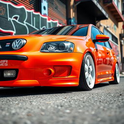 A striking orange Volkswagen car, featuring bold white OZ racing wheels, set against a vibrant urban backdrop