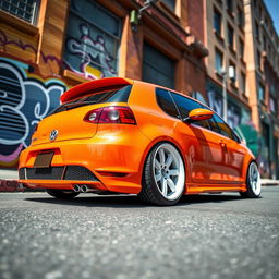 A striking orange Volkswagen car, featuring bold white OZ racing wheels, set against a vibrant urban backdrop
