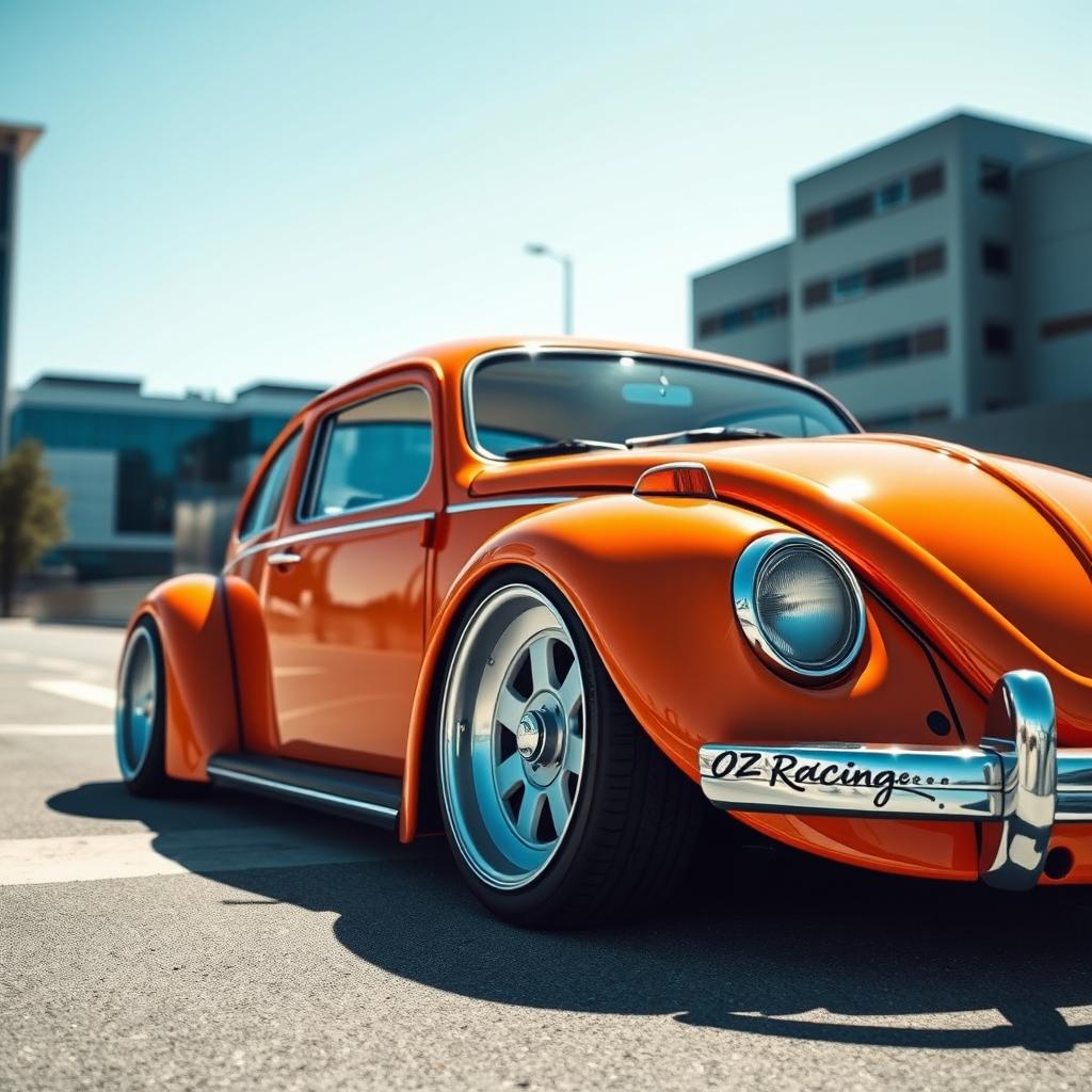 An orange Volkswagen Beetle (known as the 'frog') with a unique low stance, showcasing OZ racing white rims