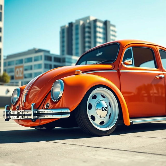 An orange Volkswagen Beetle (known as the 'frog') with a unique low stance, showcasing OZ racing white rims