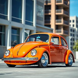 An orange Volkswagen Beetle (known as the 'frog') with a unique low stance, showcasing OZ racing white rims