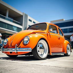 An orange Volkswagen Beetle (known as the 'frog') with a unique low stance, showcasing OZ racing white rims