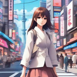 A high-quality digital art image showcases an Argentine girl achieving her dream of living in Japan