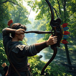 A vibrant scene showcasing a skilled archer in a lush, green forest, drawing a beautiful, ornate bow made of dark wood with intricate carvings