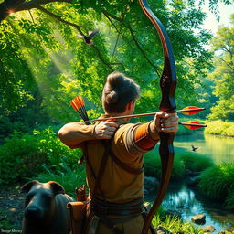 A vibrant scene showcasing a skilled archer in a lush, green forest, drawing a beautiful, ornate bow made of dark wood with intricate carvings