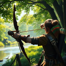 A vibrant scene showcasing a skilled archer in a lush, green forest, drawing a beautiful, ornate bow made of dark wood with intricate carvings