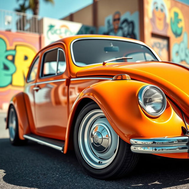 An orange Volkswagen Beetle (often called 'frog') featuring low ride height, equipped with OZ Rally white rims