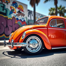 An orange Volkswagen Beetle (often called 'frog') featuring low ride height, equipped with OZ Rally white rims