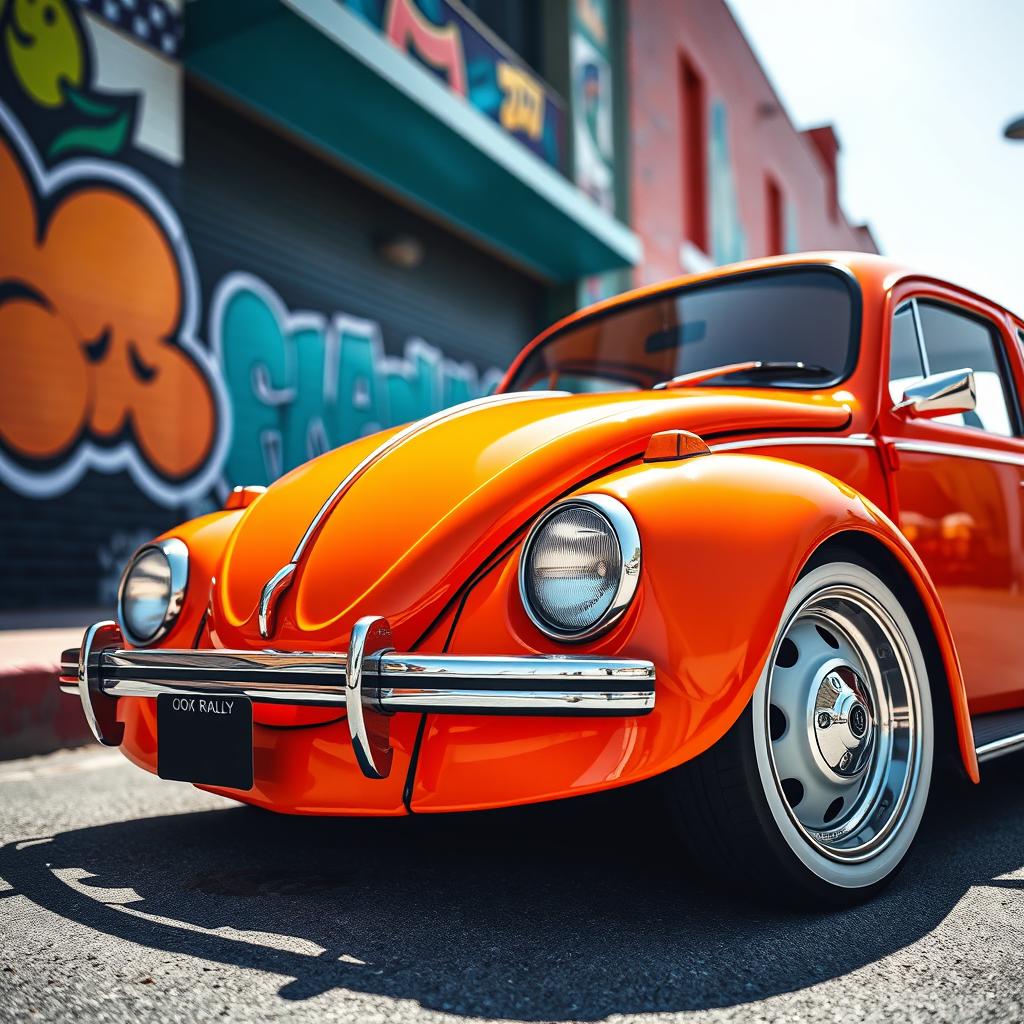 An orange Volkswagen Beetle (often called 'frog') featuring low ride height, equipped with OZ Rally white rims