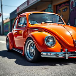 An orange Volkswagen Beetle (often called 'frog') featuring low ride height, equipped with OZ Rally white rims