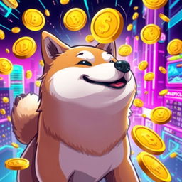A bright and colorful illustration featuring a Shiba Inu dog, the iconic mascot of Dogecoin, wearing a playful expression