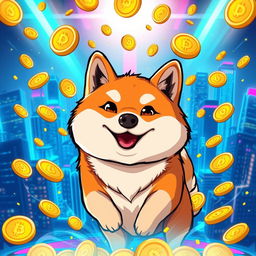 A bright and colorful illustration featuring a Shiba Inu dog, the iconic mascot of Dogecoin, wearing a playful expression
