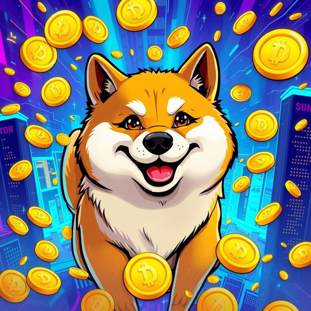 A bright and colorful illustration featuring a Shiba Inu dog, the iconic mascot of Dogecoin, wearing a playful expression