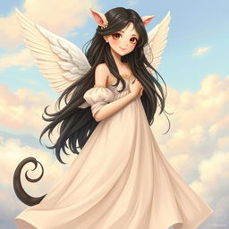 Beautiful girl with long black hair, depicted in full body, wearing angelic wings
