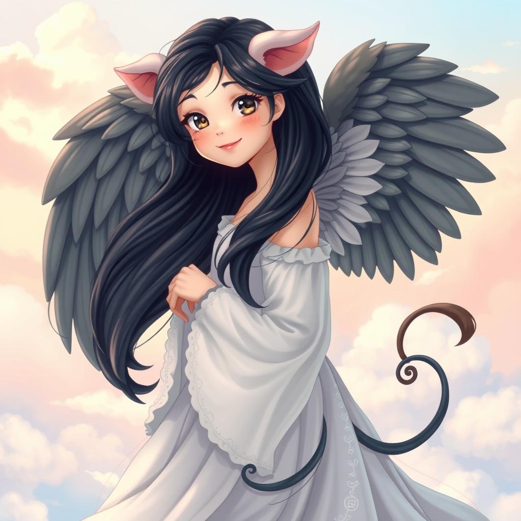 Beautiful girl with long black hair, depicted in full body, wearing angelic wings