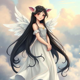 Beautiful girl with long black hair, depicted in full body, wearing angelic wings
