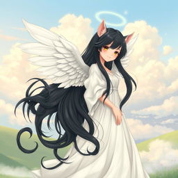 Beautiful girl with long black hair, depicted in full body, wearing angelic wings