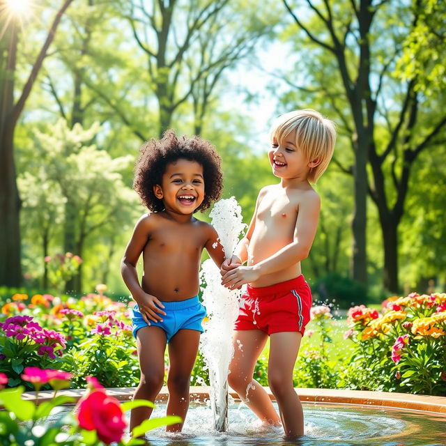 A playful scene depicting two young boys in colorful underwear, laughing and enjoying a sunny day together