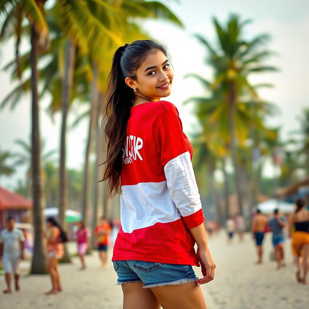 An attractive girl standing, turning her back with her face turning around, wearing a red and white shirt that displays the name "SVJR VIDEOS" prominently