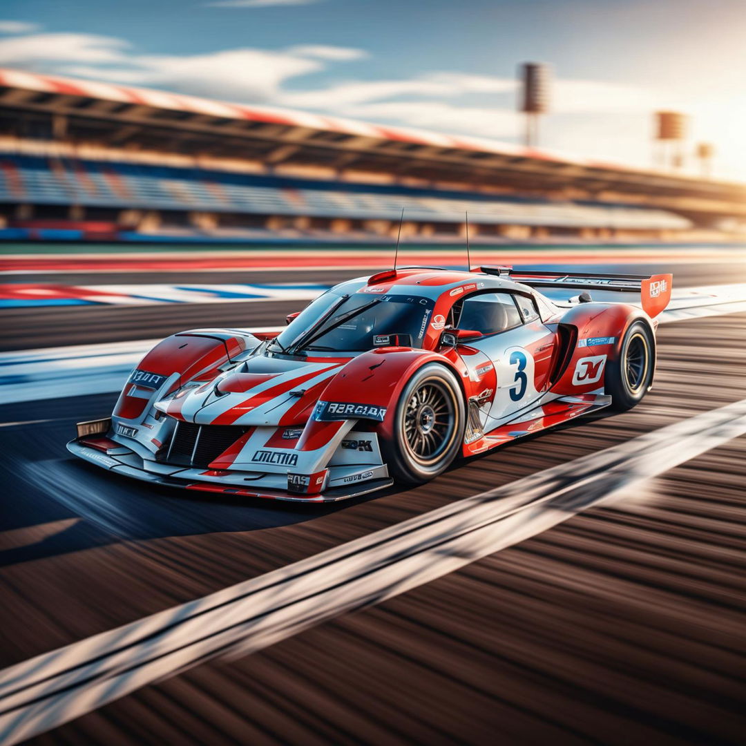 The image is a high-quality digital art representation of a modern American race car on a professional track