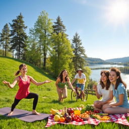 A vibrant scene depicting a diverse group of adults engaging in healthy lifestyle activities: a woman practicing yoga outdoors on a lush green hill, a couple biking on a scenic trail surrounded by nature, and a group of friends enjoying a picnic with colorful fruits and vegetables spread out on a checkered blanket