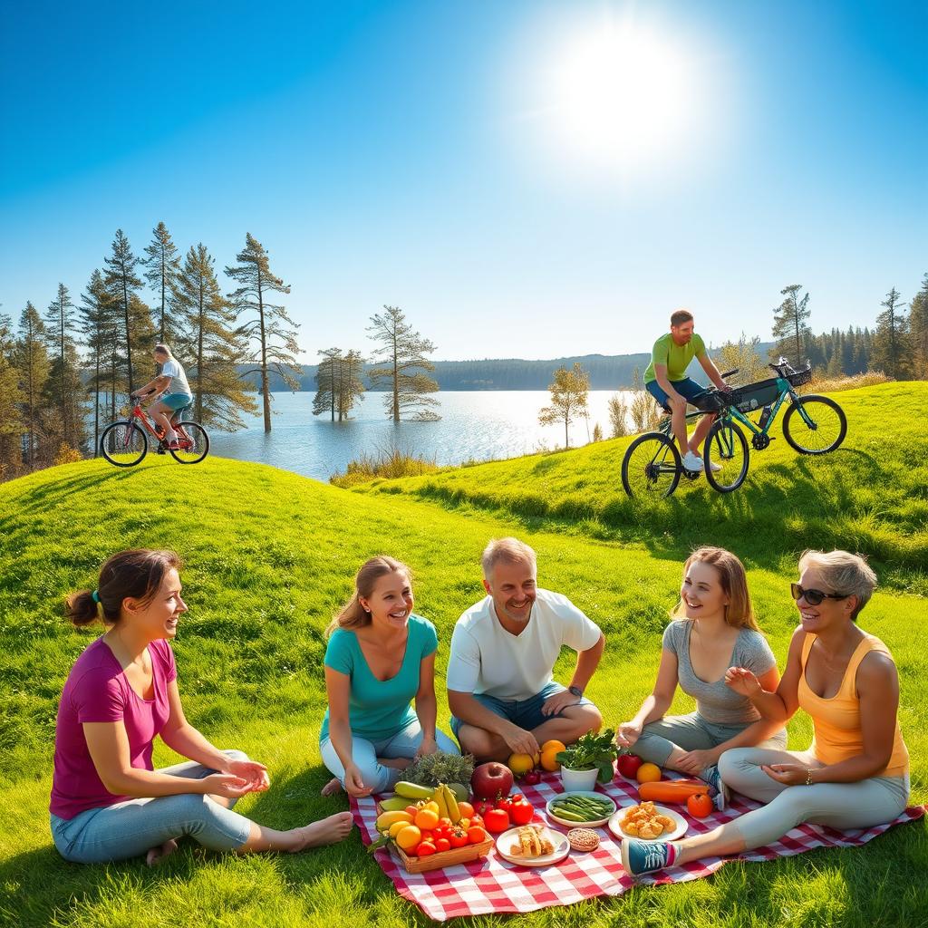 A vibrant scene depicting a diverse group of adults engaging in healthy lifestyle activities: a woman practicing yoga outdoors on a lush green hill, a couple biking on a scenic trail surrounded by nature, and a group of friends enjoying a picnic with colorful fruits and vegetables spread out on a checkered blanket