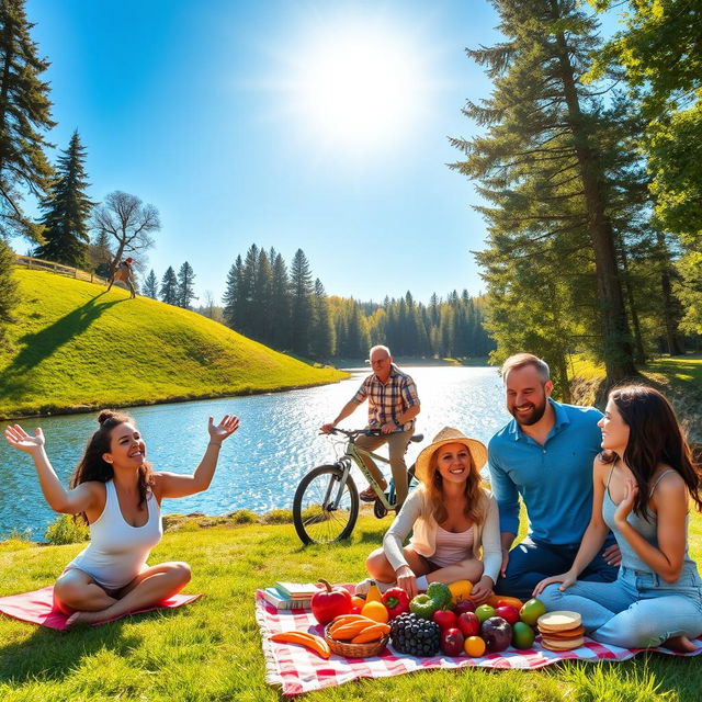 A vibrant scene depicting a diverse group of adults engaging in healthy lifestyle activities: a woman practicing yoga outdoors on a lush green hill, a couple biking on a scenic trail surrounded by nature, and a group of friends enjoying a picnic with colorful fruits and vegetables spread out on a checkered blanket