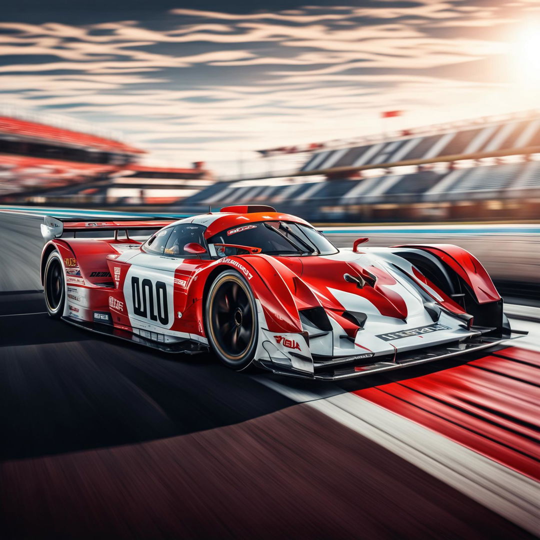 The image is a digital art depiction of a Canadian race car on a professional race track