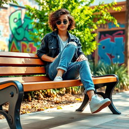 A stylish teenager in a trendy urban environment, wearing a fashionable outfit with distressed blue jeans, sitting casually on a wooden park bench