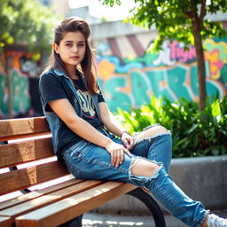 A stylish teenager in a trendy urban environment, wearing a fashionable outfit with distressed blue jeans, sitting casually on a wooden park bench