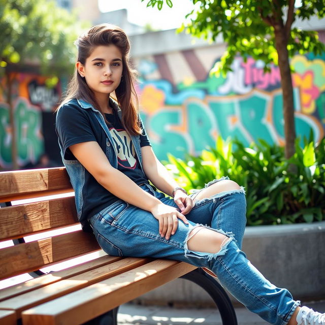 A stylish teenager in a trendy urban environment, wearing a fashionable outfit with distressed blue jeans, sitting casually on a wooden park bench