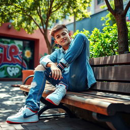 A stylish teenager in a trendy urban environment, wearing a fashionable outfit with distressed blue jeans, sitting casually on a wooden park bench