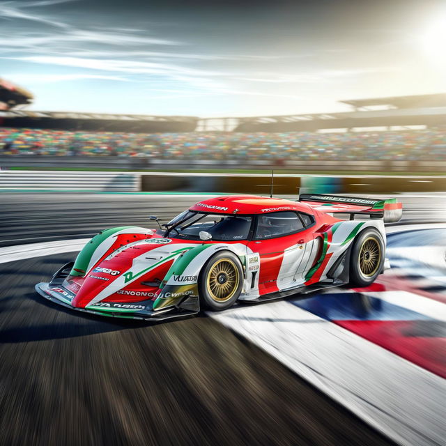 The image is a high-quality digital art representation of a Mexican race car on a professional track