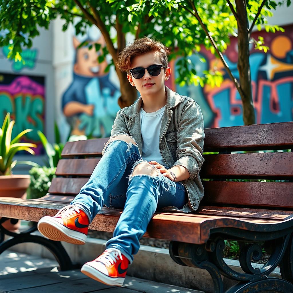 A stylish teenager in a trendy urban environment, wearing a fashionable outfit with distressed blue jeans, sitting casually on a wooden park bench