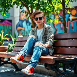 A stylish teenager in a trendy urban environment, wearing a fashionable outfit with distressed blue jeans, sitting casually on a wooden park bench