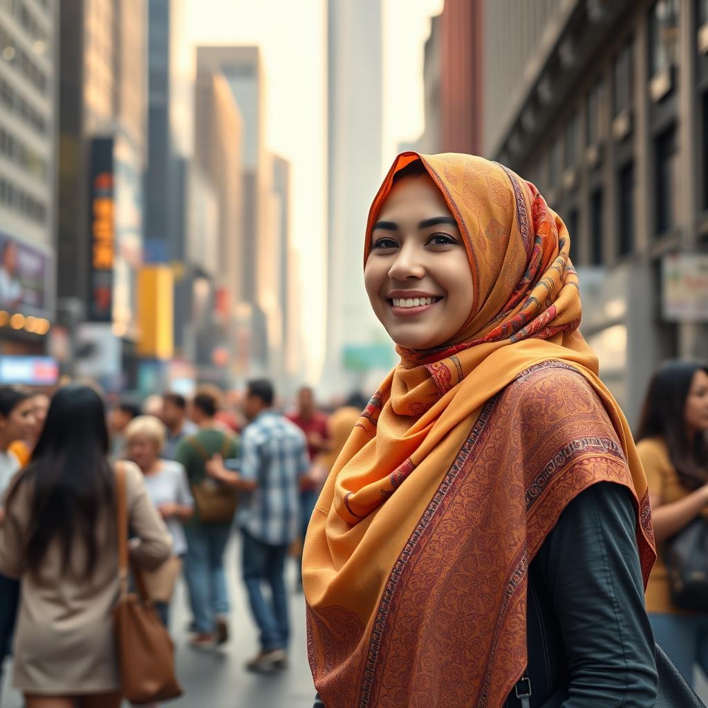 A serene and positive depiction of a woman wearing a colorful hijab, standing confidently in a bustling urban environment