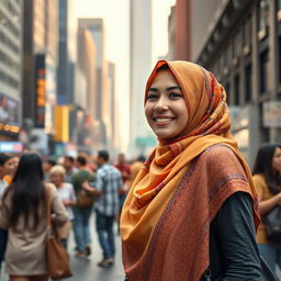 A serene and positive depiction of a woman wearing a colorful hijab, standing confidently in a bustling urban environment