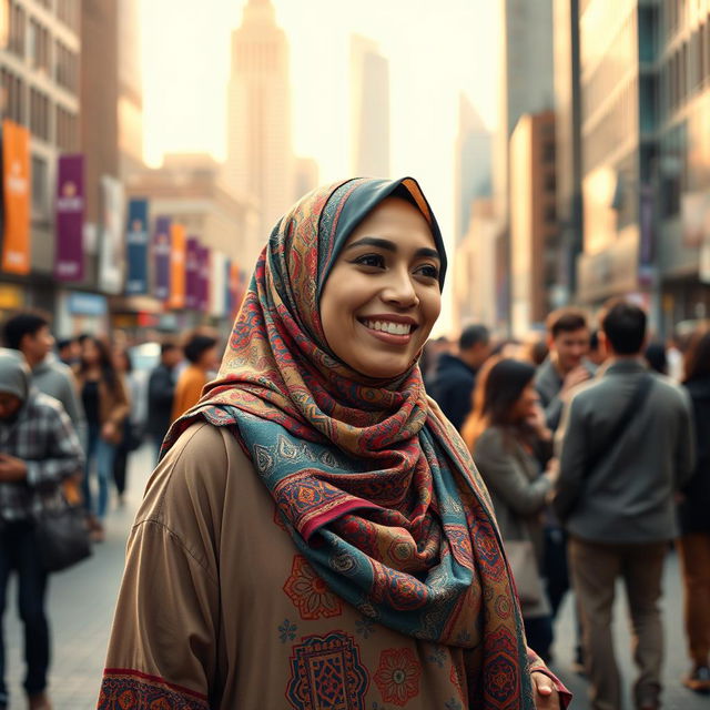 A serene and positive depiction of a woman wearing a colorful hijab, standing confidently in a bustling urban environment