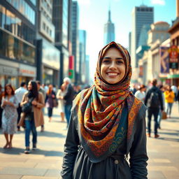 A serene and positive depiction of a woman wearing a colorful hijab, standing confidently in a bustling urban environment